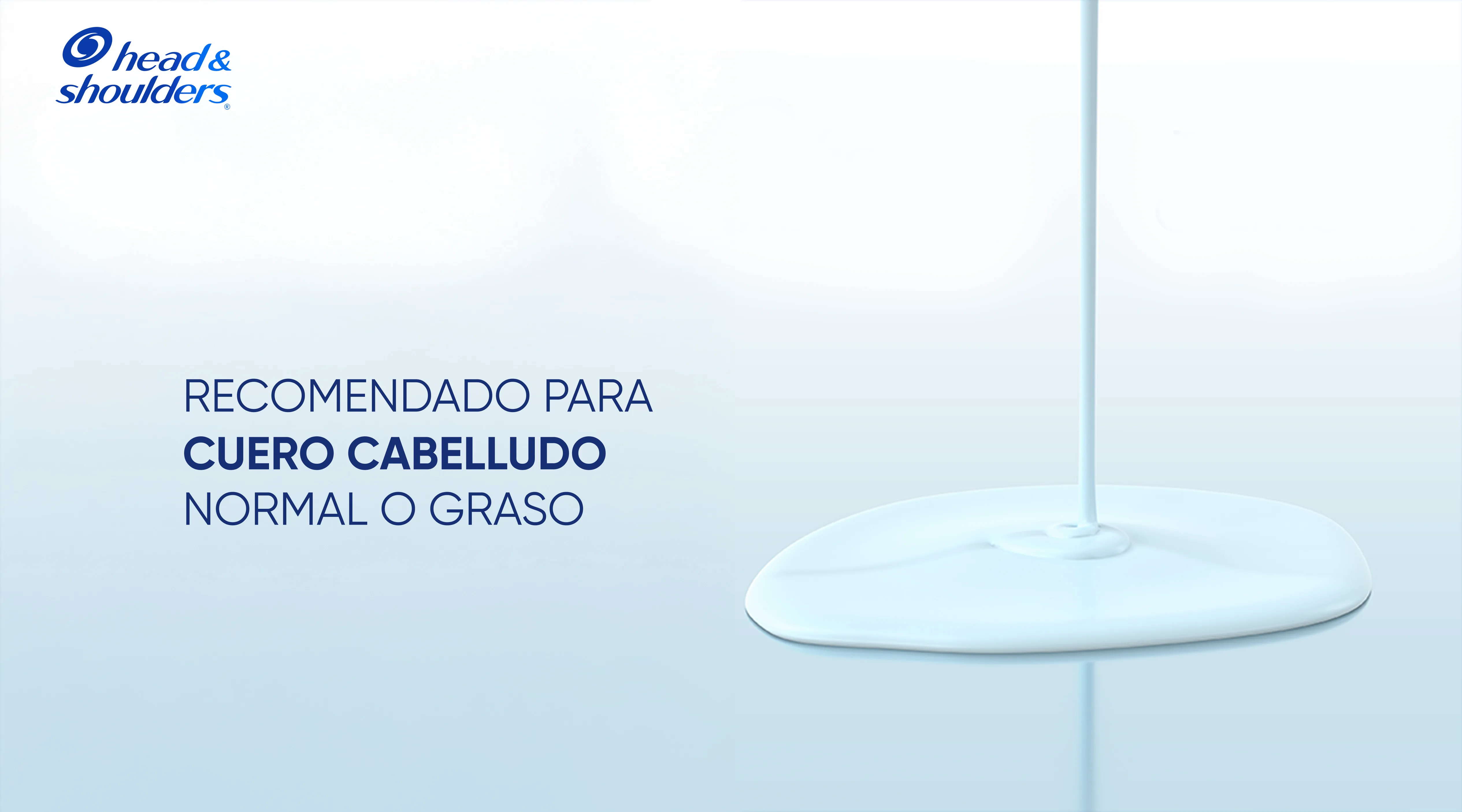Gota de Shampoo cayendo sobre fondo azul claro, con texto "Recomendado para cuero cabelludo con resequedad o caspa"