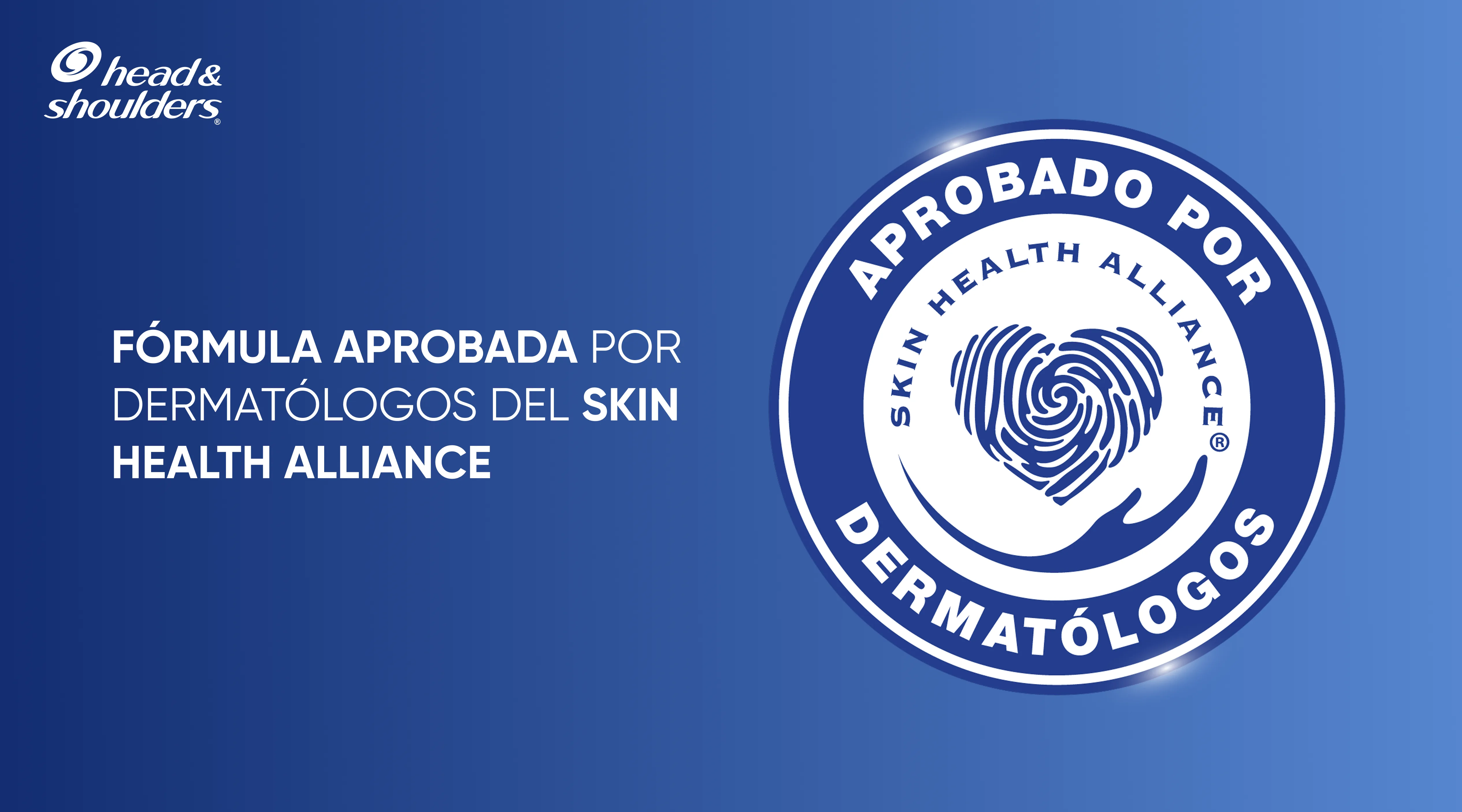 Sello Skin Health Alliance sobre fondo azul con texto "Fórmula aprobada por dermatólogos del Skin Health Alliance¨
