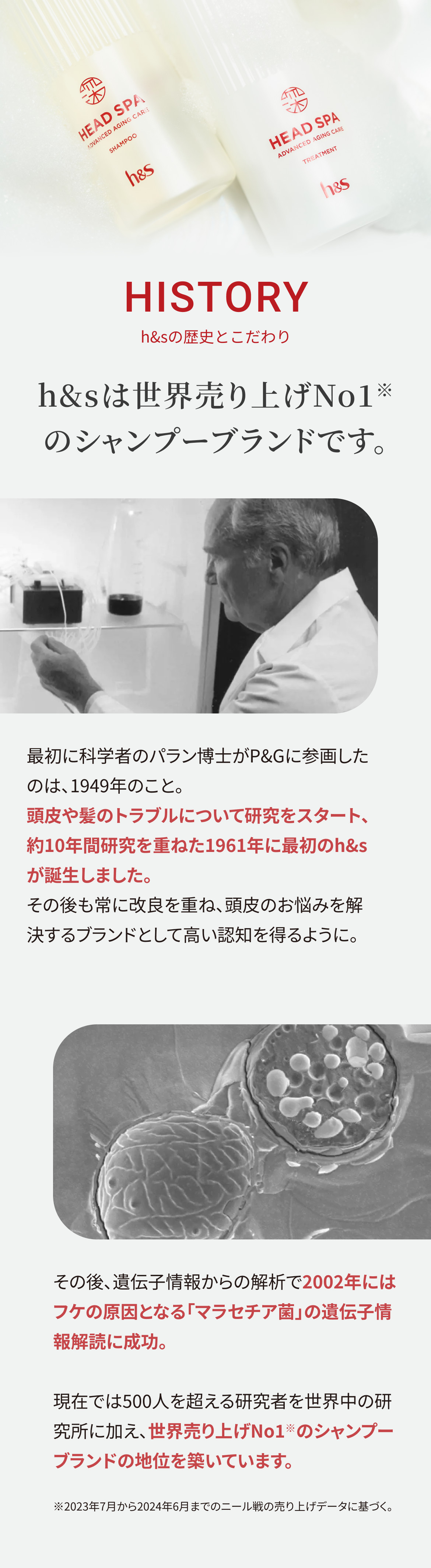 HISTORYというタイトルの下に、h&s製品のボトル写真と研究者が試験器具を見つめる画像。最初に科学者のパラン博士がP&Gに参画したのは、1949年。頭皮や髪のトラブルについて研究をスタート、約10年間研究を重ねた1961年に最初のh&sが誕生。その後も常に改良を重ね、頭皮のお悩みを解決するブランドとして高い認知を得るように。その後、遺伝子情報からの解析で2002年にはフケの原因となる“マラセチア菌”の遺伝子情報解読に成功。現在では、世界売り上げNo.1のシャンプーブランドの地位を築いています
