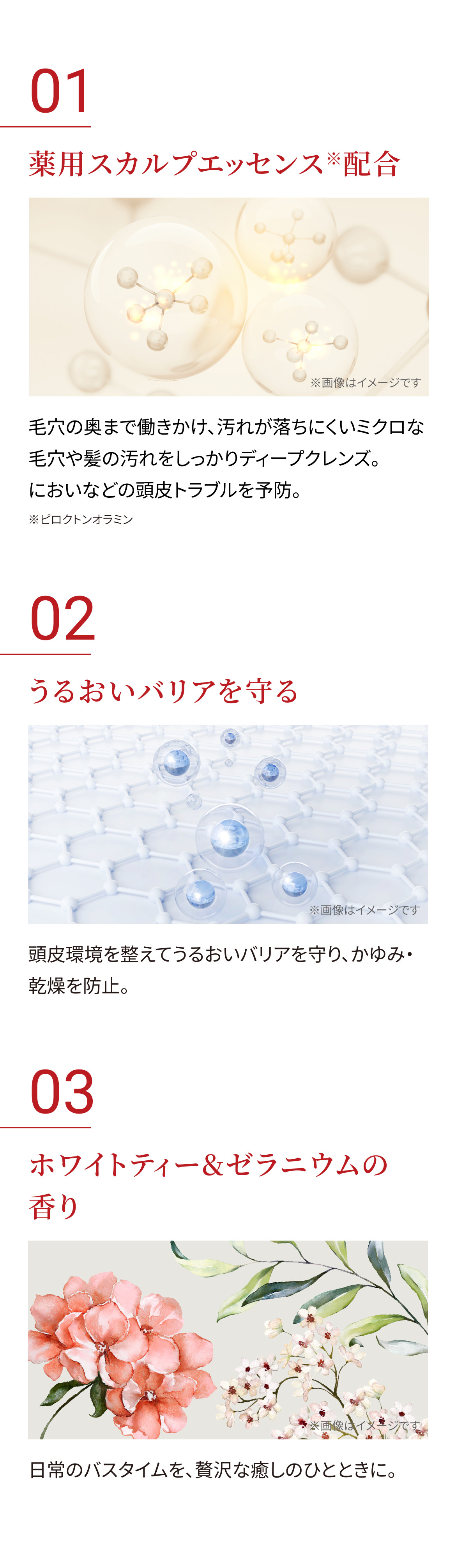 薬用スカルプエッセンス配合 。毛穴の奥まで働きかけ、汚れが落ちにくいミクロな毛穴や髪の汚れをしっかりディープクレンズ。においなどの頭皮トラブルを予防。と記載。背景には分子構造のイメージ図。 うるおいバリアを守る 頭皮環境を整えてうるおいバリアを守り、かゆみ・乾燥を防止。と書かれた説明の下に、保湿成分を表す青いバブルが浮かぶネット状の背景イメージ。 ホワイトティー＆ゼラニウムの香り　日常のバスタイムを、贅沢な癒しのひとときに。と記載され、ゼラニウムなどの花が水彩風で描かれているイメージ。