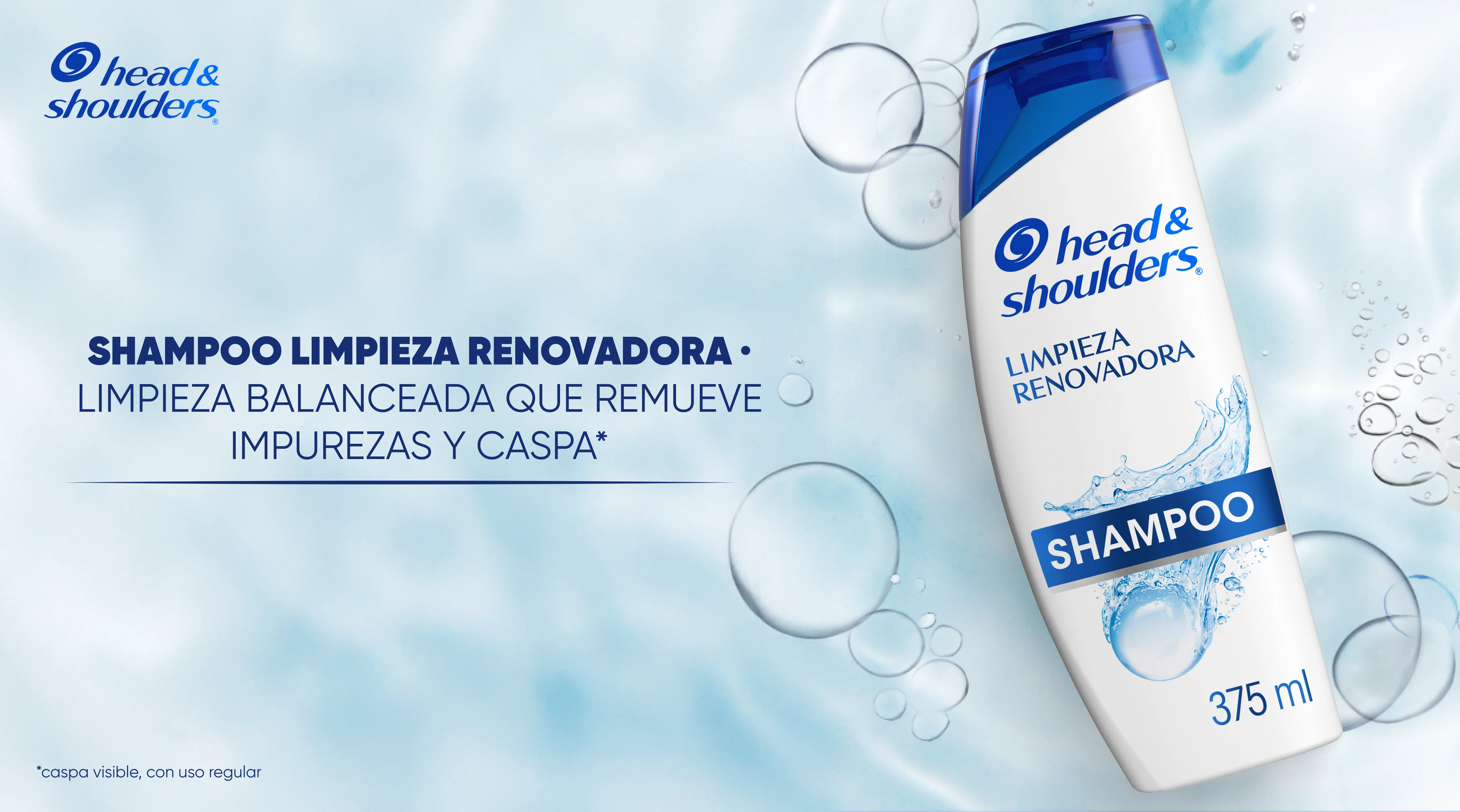 Botella de Head & Shoulders Shampoo Limpieza Renovadora con burbujas sobre fondo azul claro, con texto "Limpieza Renovadora: Es una de las favoritas dentro de las colecciones de Head & Shoulders en Latinoamérica"