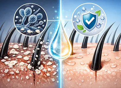 A clinical yet clean visual showing a scalp with visible flakes transitioning to a healthy, clear scalp, highlighting fungal dandruff treatment and prevention.
