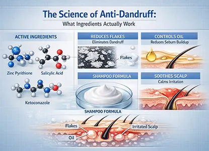 Effective anti dandruff ingredients work on scalp concerns by targeting root causes like flakes, oil buildup and irritation
