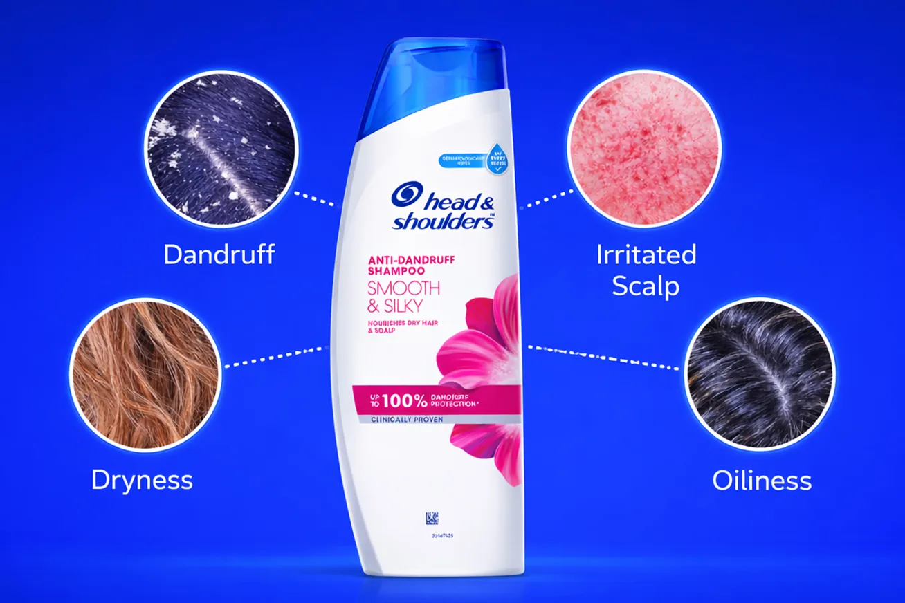 A Head & Shoulders shampoo bottle at the center, surrounded by different scalp concerns to highlight personalized care.