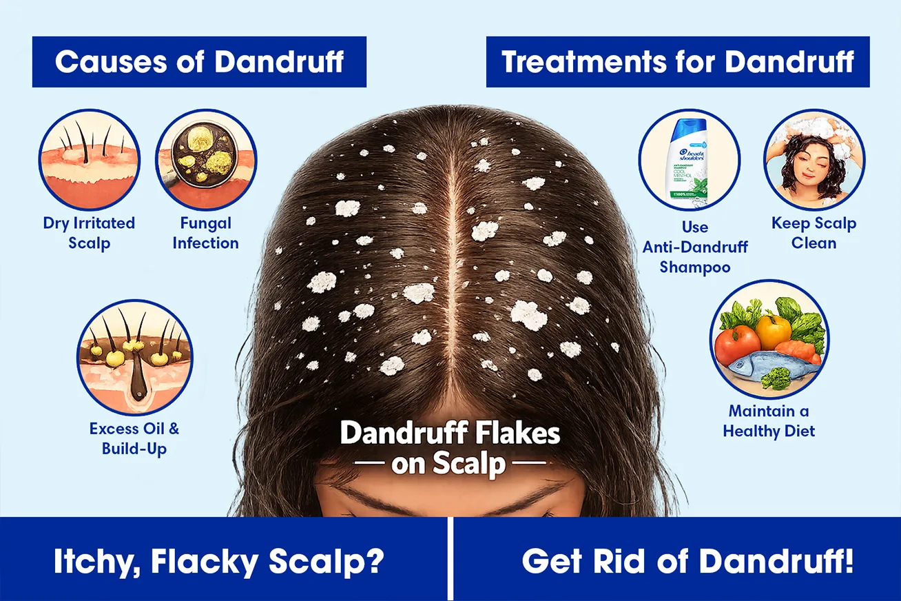 An educational visual showing dandruff flakes on the scalp along with simple cause-and-treatment cues