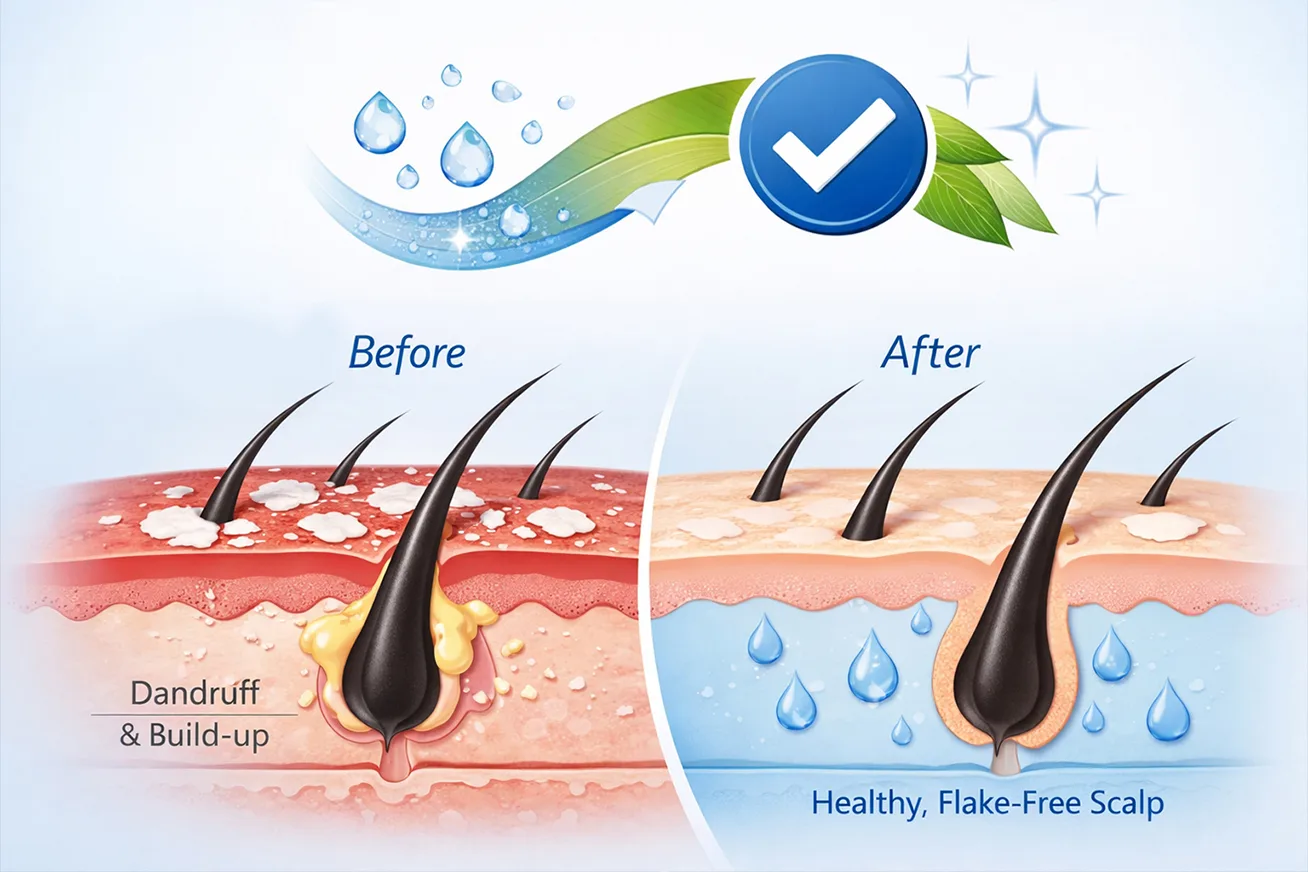 A clean, clinical visual showing dandruff shampoo helping maintain a balanced, flake-free scalp