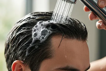 A visual showing pollution particles settling on the scalp and being washed away with shampoo.