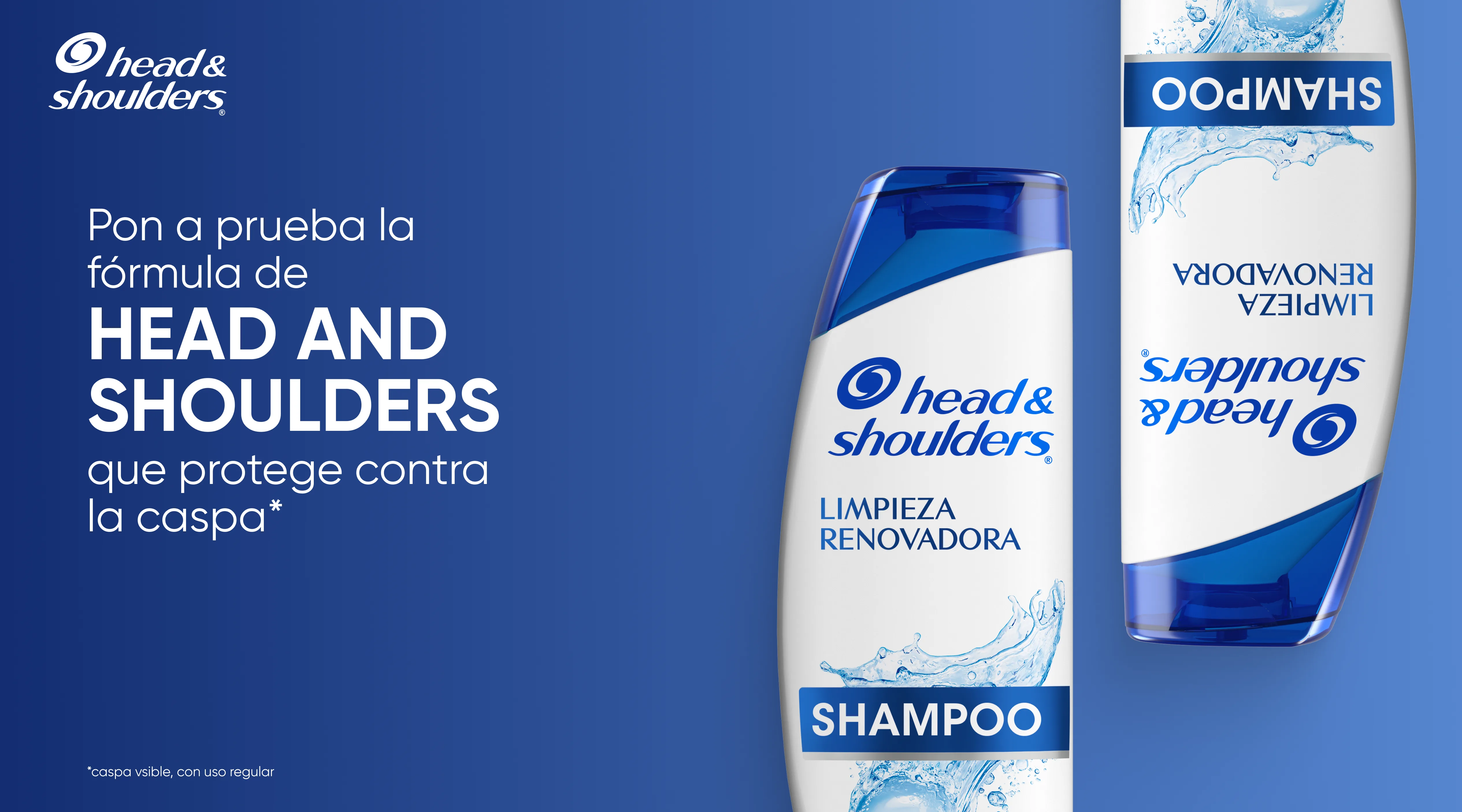 Variedad de productos Head & Shoulders Shampoo Limpieza Renovadora sobre fondo azul oscuro, con texto "Pon a prueba la fórmula de Head and Shoulders que protege contra la caspa"