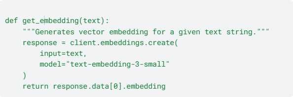 Code snippet showing a Python function to generate vector embeddings using a model named "text-embedding-3-small".