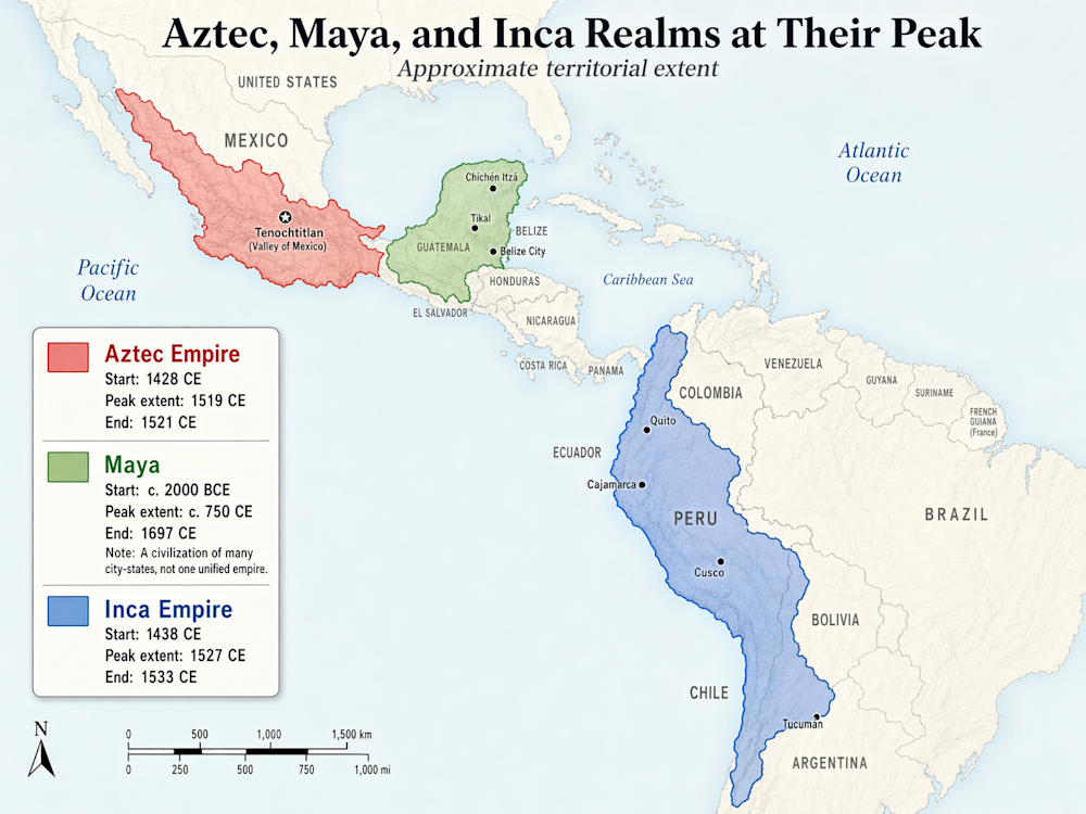 ChatGPT Images 2.0 example map of Aztec, Maya and Inca empires' territories