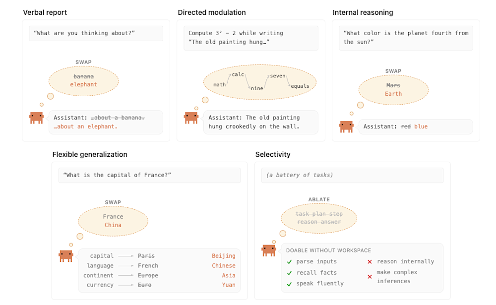 diagram illustrating five functional tests of Claude's workspace
