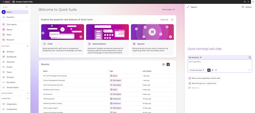 Amazon Quick Suite homepage showing features like Chat, Automations, and Spaces, with a recent activity list and chat interface.