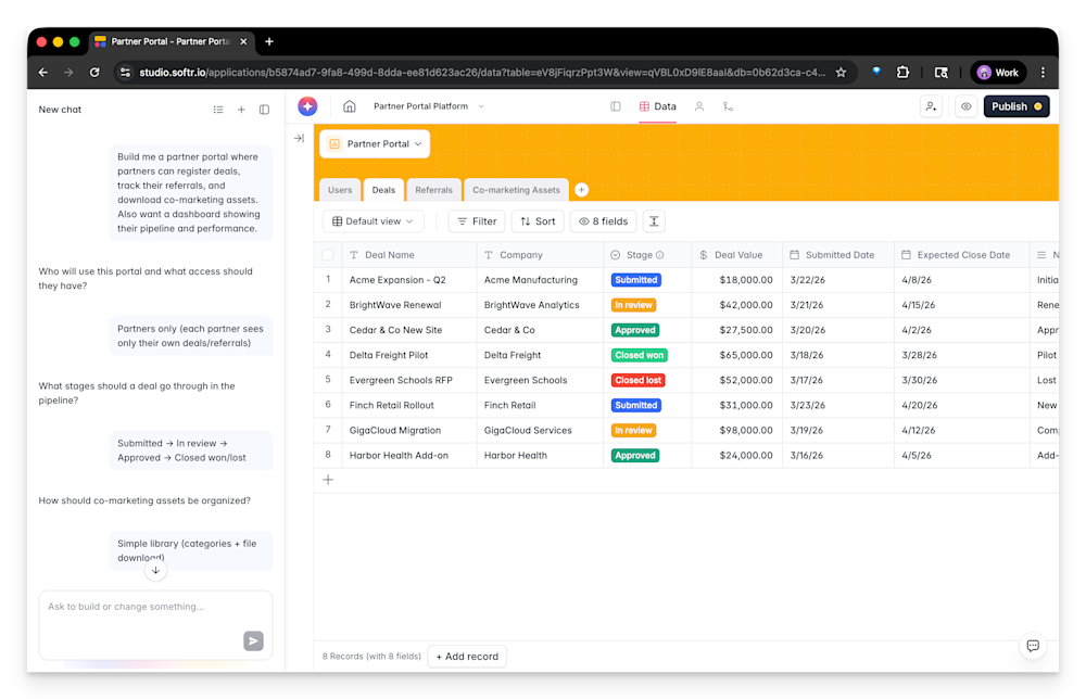 Softr's partner portal interface showing a database of deals with stages and values.