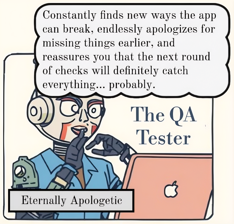 Cartoon robot labeled "The QA Tester" with text about finding app issues and apologizing.