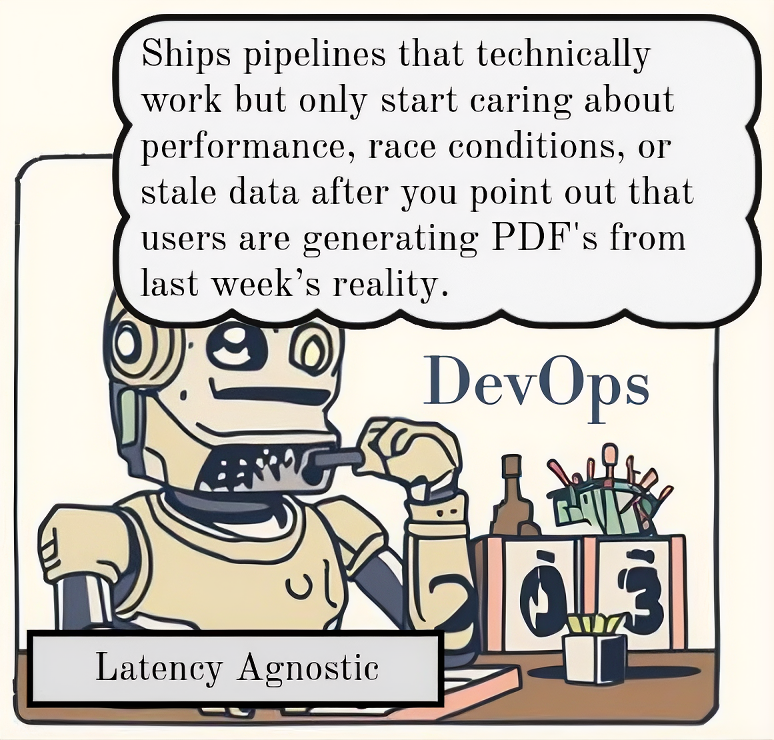 A cartoon robot labeled "Latency Agnostic" with a speech bubble about DevOps and performance issues.