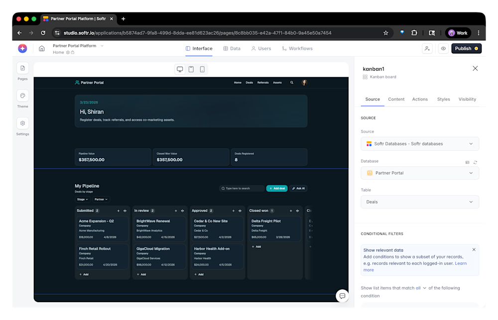 Softr's Partner Portal interface showing a kanban board and data source settings for building business apps.