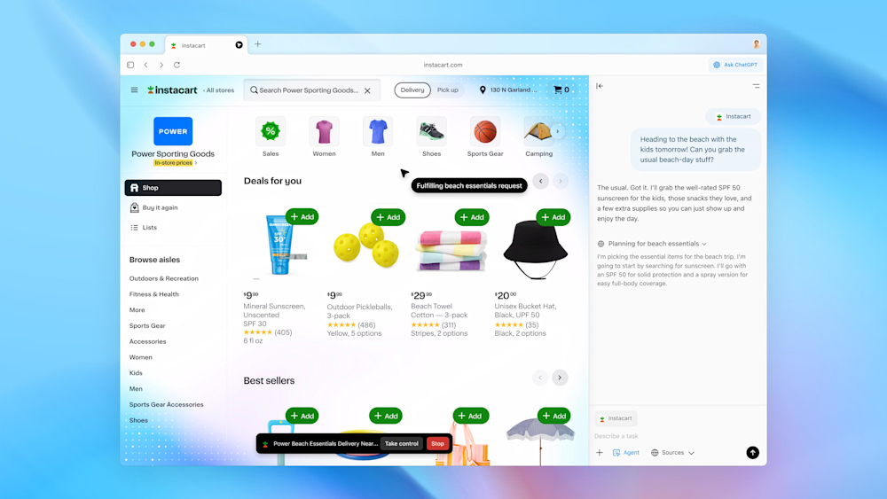 ChatGPT Atlas browser interface showing a shopping page and chat interaction for beach essentials.
