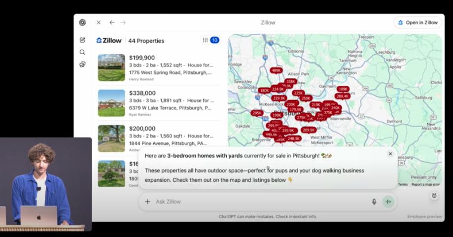 Screenshot of Zillow in ChatGPT demo at OpenAI DevDay 2025.