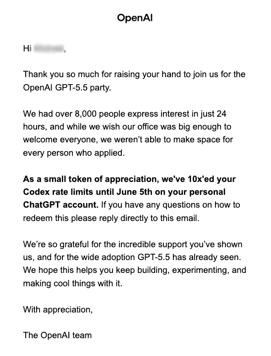 OpenAI email announcing 10x Codex rate limits for GPT-5.5 party applicants until June 5th.