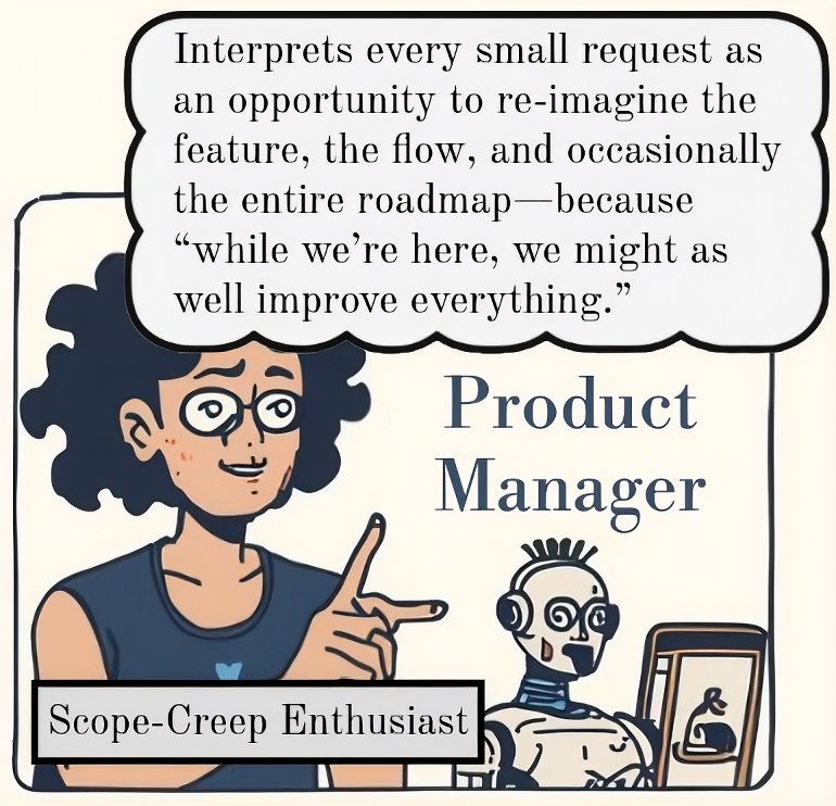Cartoon of a product manager with a robot, labeled "Scope-Creep Enthusiast," discussing feature improvements.
