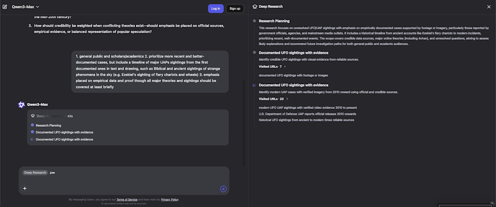 Qwen Deep Research example screenshot 1