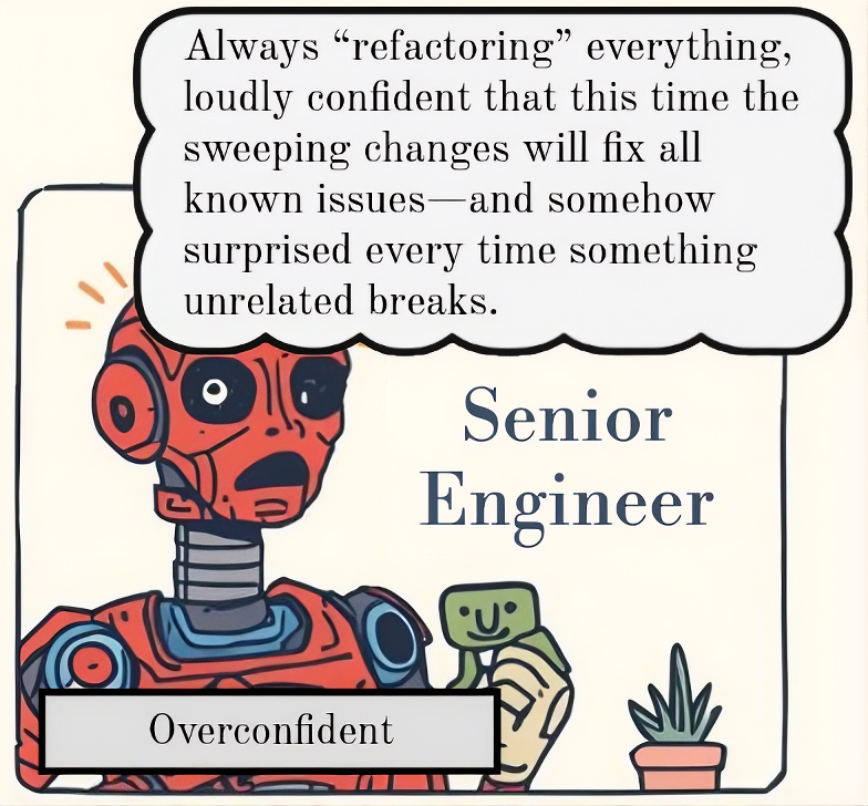 A cartoon robot labeled "Senior Engineer" with a speech bubble about refactoring and a caption "Overconfident".