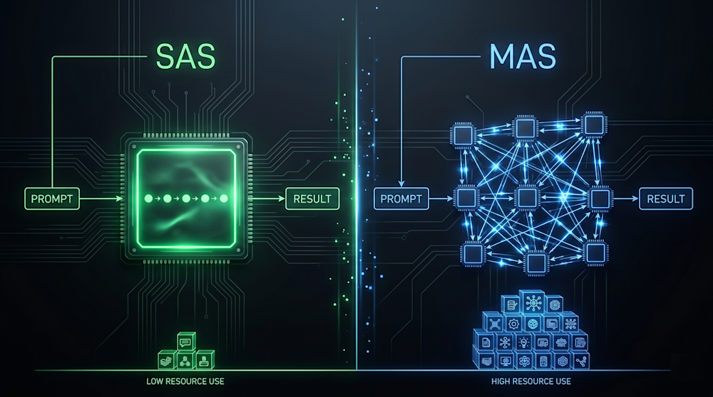 Diagram comparing SAS (Single Agent System) with MAS (Multi-Agent System), showing resource use and complexity differences.