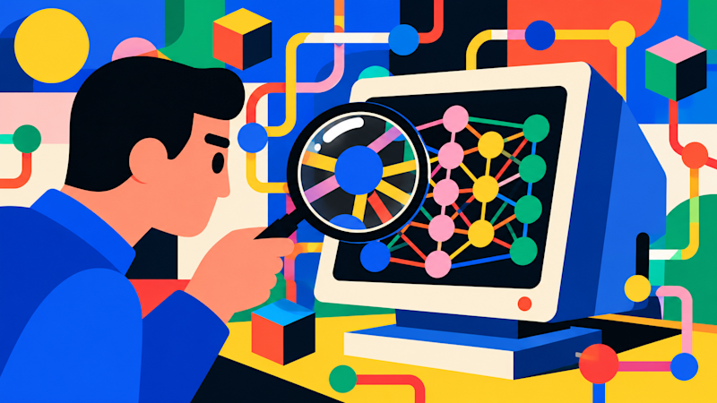 Abstract digital network visualization depicting code debugging and decision tracing across neural pipelines.