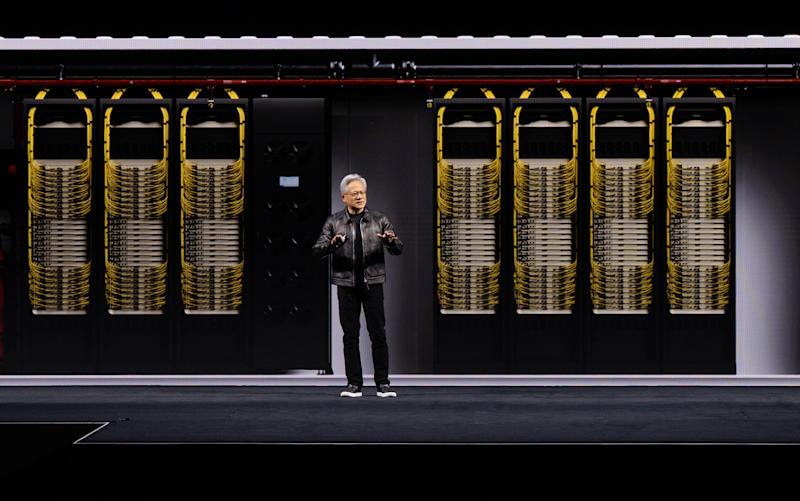 Nvidia chief Jensen Huang presenting AI data-centre infrastructure