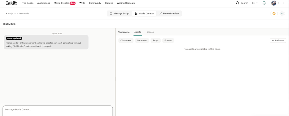 Inkitt Movie Creator powered by Cinematica harness screenshot