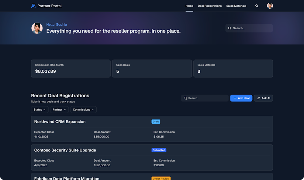 Softr's partner portal interface showing deal registrations, commissions, and sales materials.