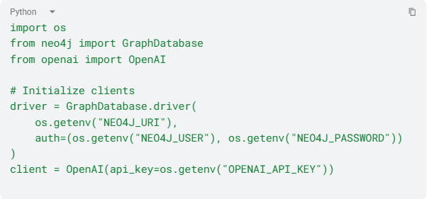 Python code snippet importing Neo4j and OpenAI libraries and initializing clients.