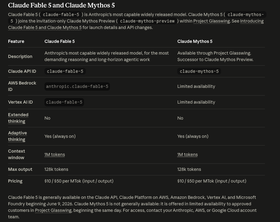Screenshot of Claude Fable 5 and Mythos 5 API information