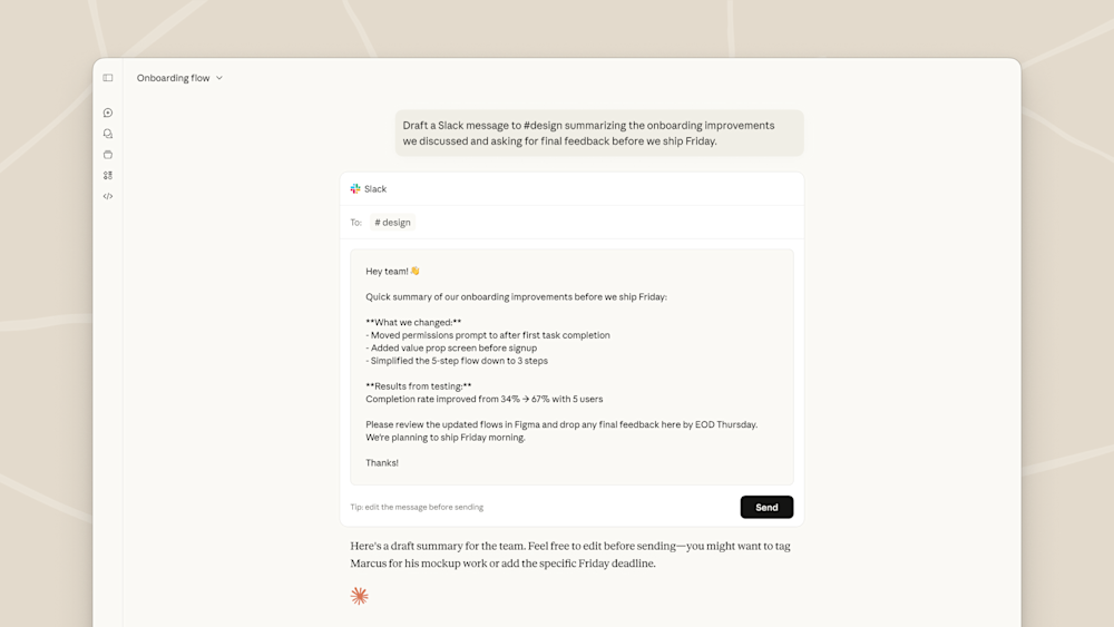 Claude interface drafting a Slack message about onboarding improvements.