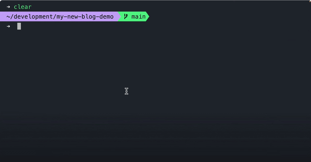 Command line interface showing a directory path and branch name for a development project.