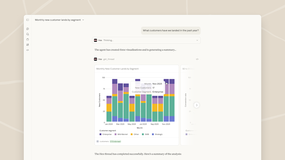 Claude interface displaying a bar chart of monthly new customer lands by segment, with a focus on November 2025 data.