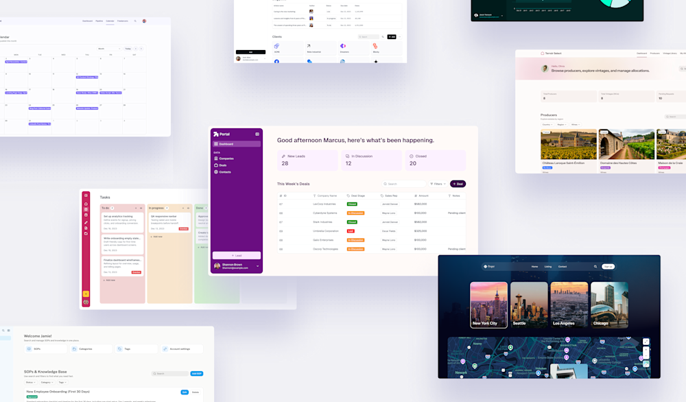 Various app interfaces displayed, including a calendar, task manager, and city exploration app, showcasing Softr's platform.