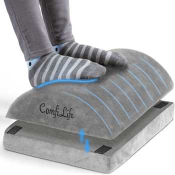 a picture of a gray foot rest with two feet on top of it