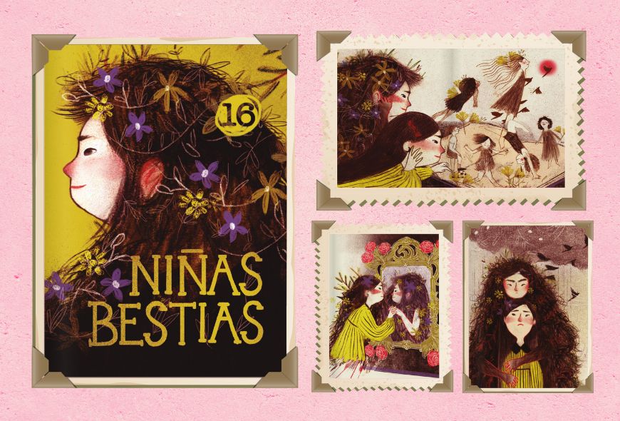 Portada y tres imágenes internas del cuentico amarillo "Niñas Bestias", escrito por Lina María Parra Ochoa. Ilustraciones de Alejandra Vélez