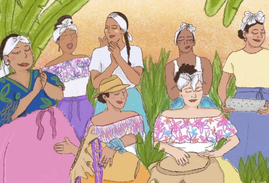Ilustración de siete mujeres tocando y aplaudiendo rodeadas de la naturaleza.