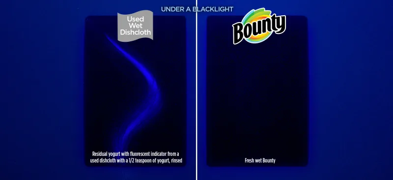 Blacklight showing residual mess left behind from a used wet dishcloth vs a clean surface from a fresh wet sheet of Bounty paper towel
