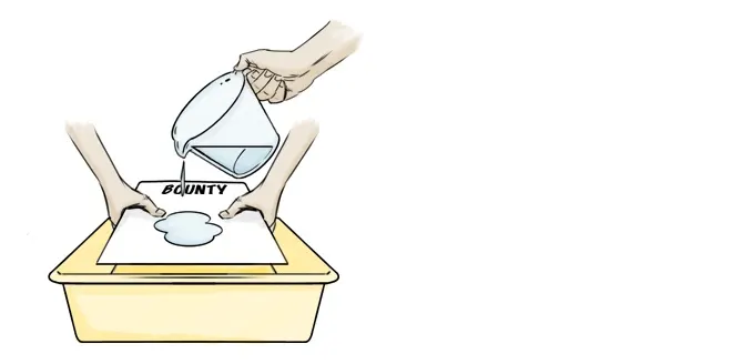 A hand pouring water onto a Bounty sheet being held above a plastic tub