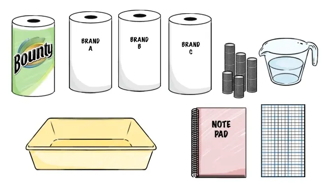 An assortment of supplies to test paper towel absorbency: Bounty paper towel roll, three generic paper towel rolls, coins, water jug, container, note pad and graph paper