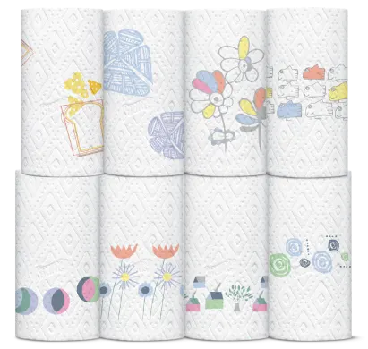 An array of paper towel rolls featuring prints from our Visionaries + Voices project