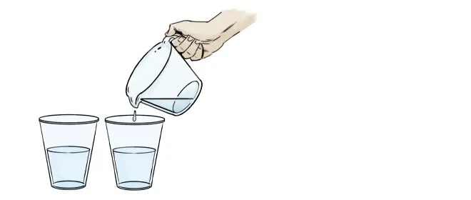 Pouring water from a measuring cup into two cups clear plastic cups
