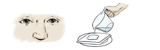 An illustration of an eye watching water pouring onto a folded paper towel on a plate