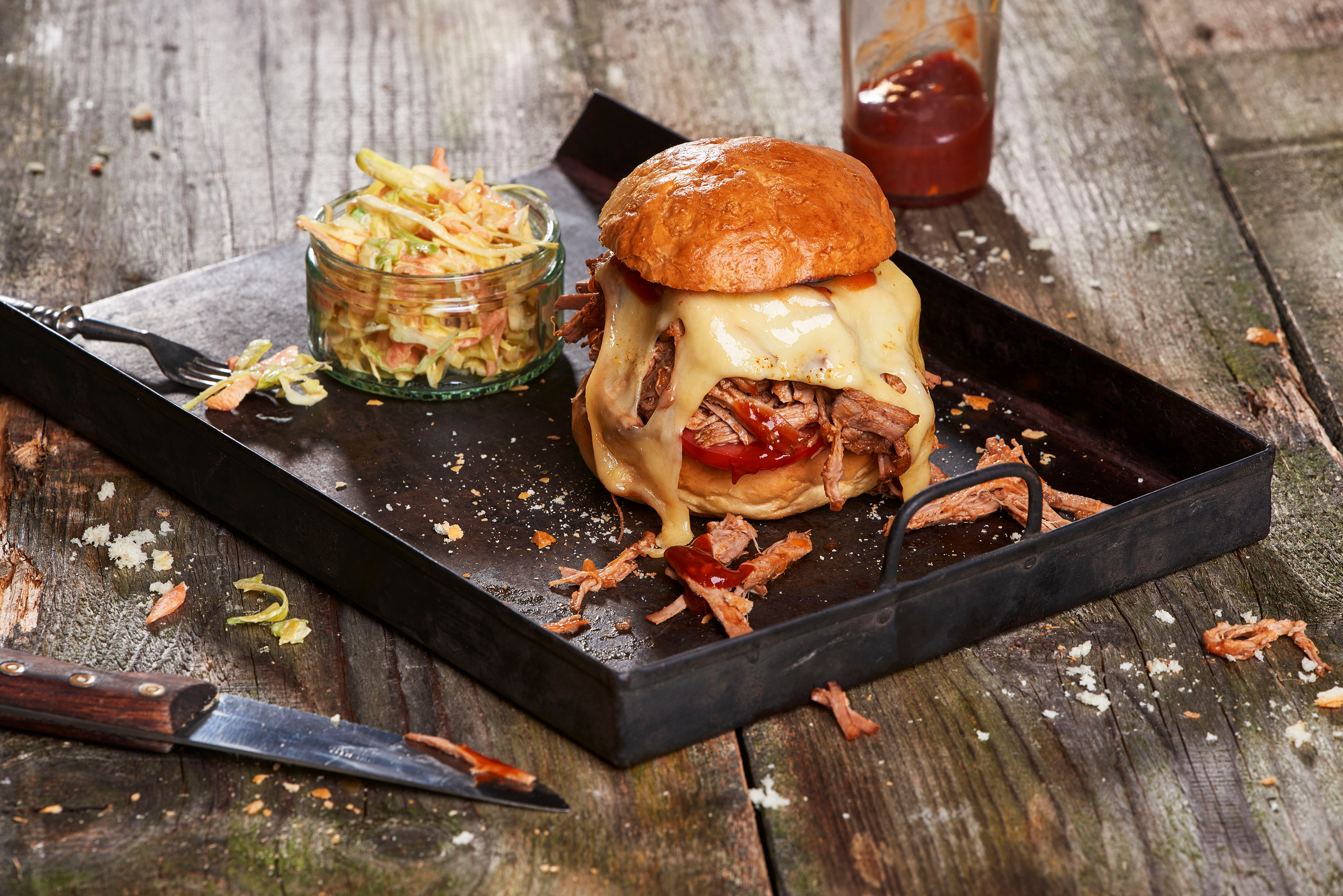 Hamburger de porc effiloché