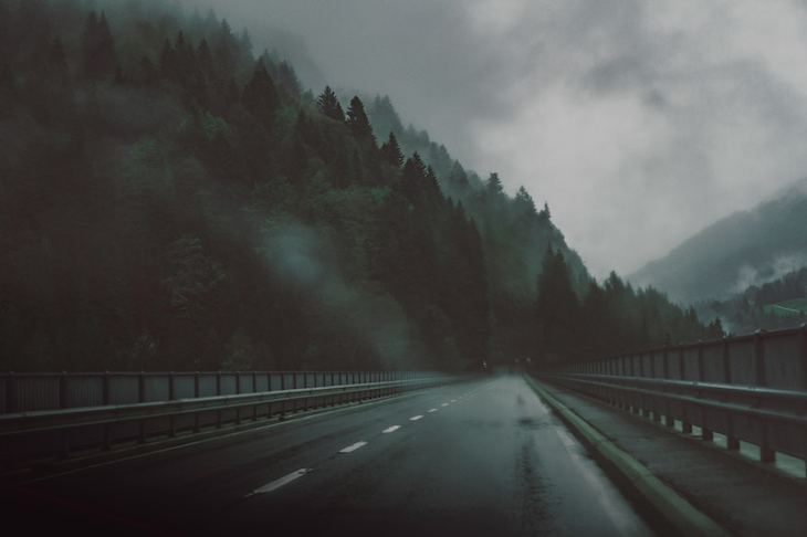 A rainy highway passing through a forest