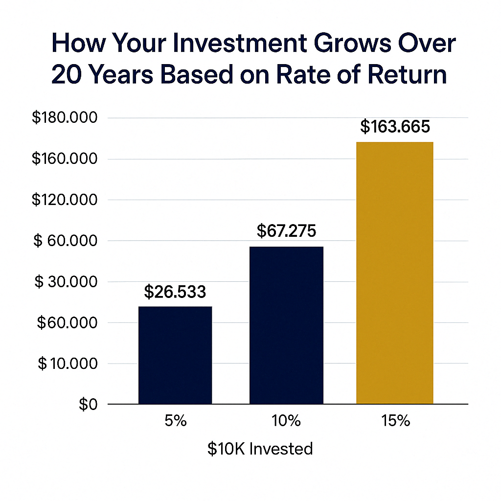 Graph showing what $10,000 compounding at 5%, 10% and 15% over 20 years. 