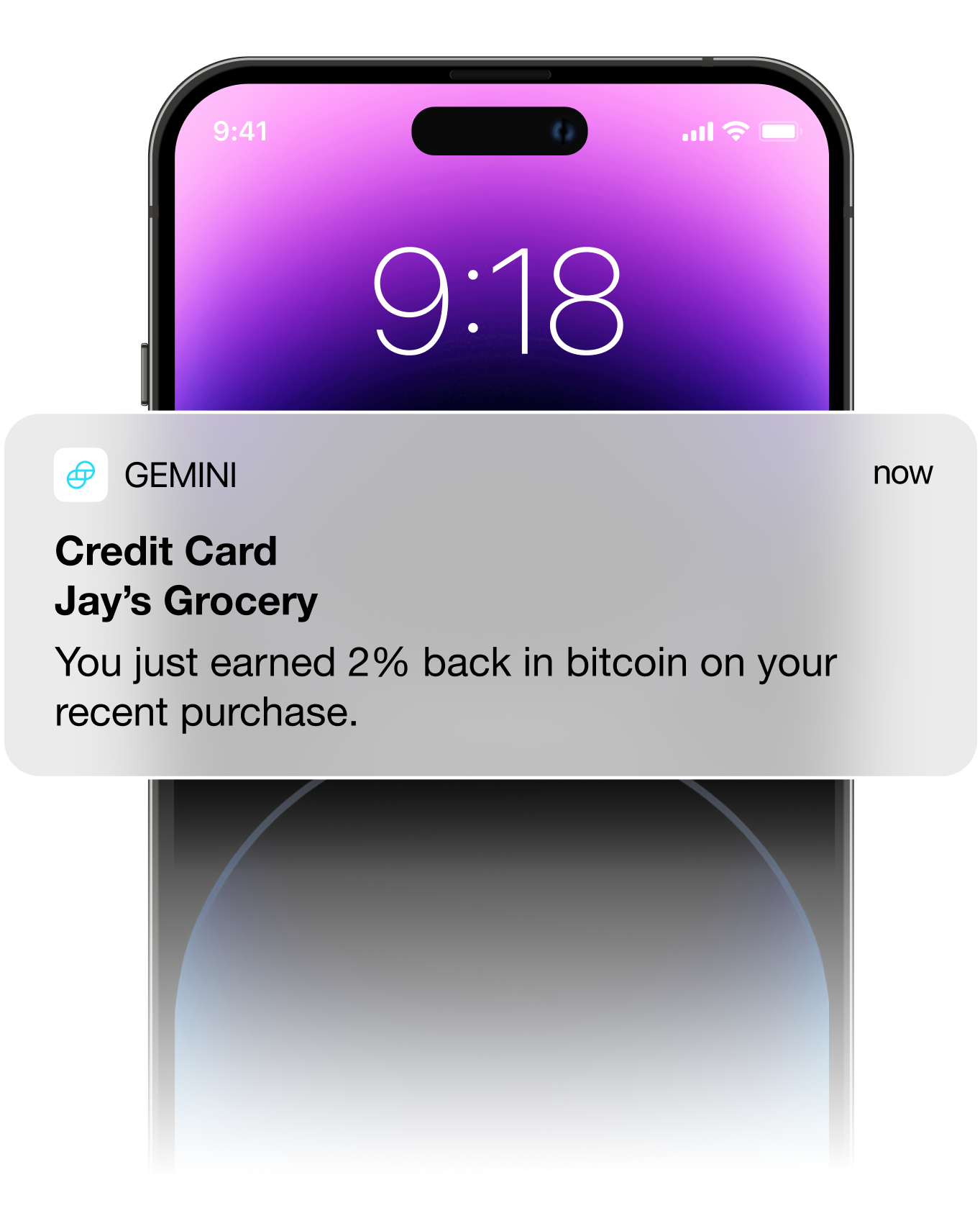 Picture of iphone showing a notification of cryptocurrency cash back reward